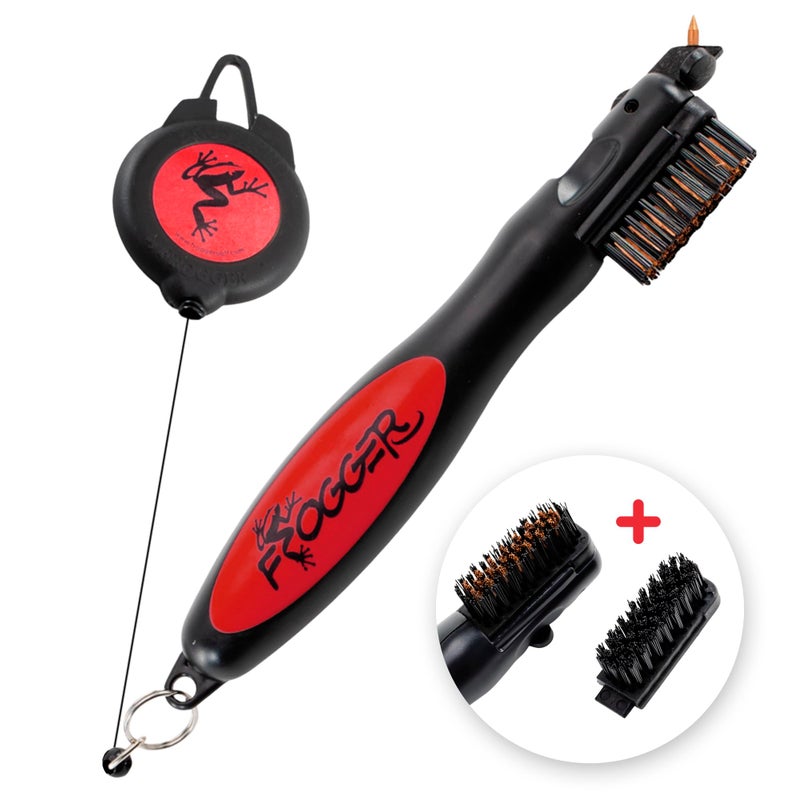 Frogger BrushPro Golf Club Cleaner with Ergonomic Grip and 2.5 ft. Retractable Cord, Red - Sturdy Golf Club Brush and Groove Cleaner for Golfers - Image 1